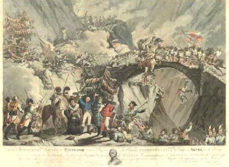 Гравюра И. Вендрамини по оригиналу Р. Кера Портера. 1805 год. Переход через Альпы русских войск под командованием Суворова. ГИМ