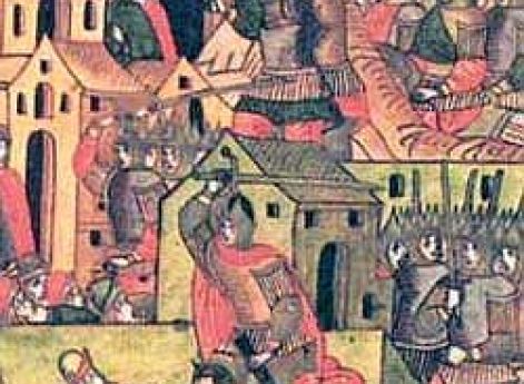 Взятие татарами русского города. Миниатюра из Лицевого летописного свода. XVI в.