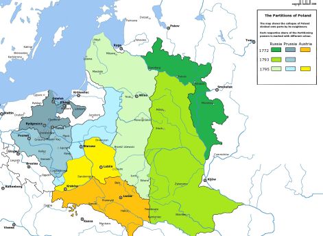 Карта трех разделов Польши: 1772, 1793 и 1795 годов