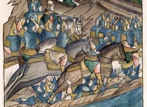Битва на реке Воже. 1378 г. Миниатюра лицевого летописного свода. 70-е гг. XVI века