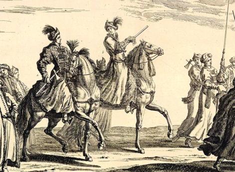 «Польские» всадники с секирками и их свита. Вельможи в польских уборах на торжественной «карусели», посвященной совершеннолетию Карла XI в 1672 г.