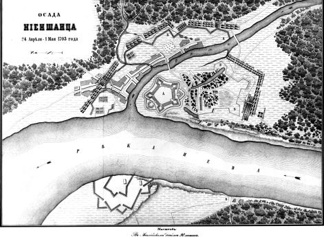 Адриан Схонебек по рисунку Питера Пикарта. План осады Ниеншанца 24 апреля — 1 мая 1703 г.