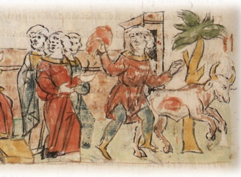 Единоборство молодого богатыря с разъяренным быком в присутствии Владимира Святославича и его дружины.