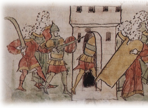 Приход вооруженных заговорщиков к дворцу Андрея Юрьевича Боголюбекого и взлом дверей в спальню.