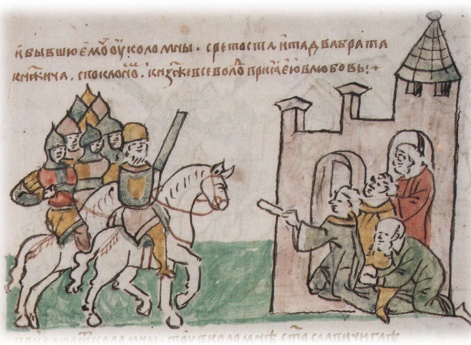 Встреча Всеволода Юрьевича Владимирского с Владимиром Глебовичем и Всеволодом Глебовичем под Коломной во время похода на Рязань.