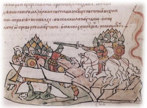 Сражение владимирского войска с судовой ратью волжских болгар и потопление болгарских воинов.