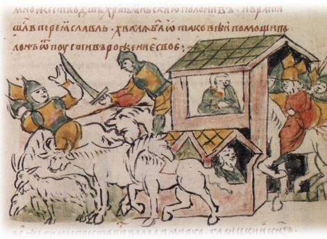 Победа Мстислава Изяславича Переяславского над половцами и захват их веж, коней и жен.