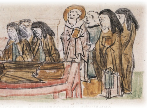 Посещение игуменом Феодосием с братией умирающего пресвитера Дамиана.