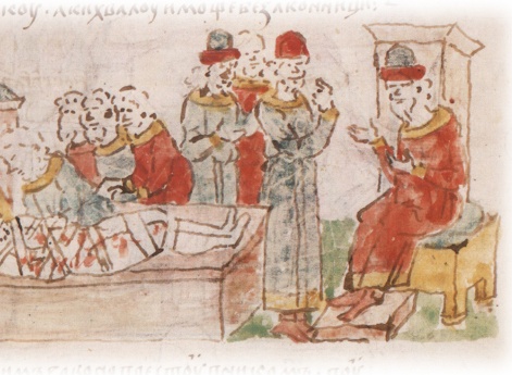 Привоз тела убитого Бориса Владимировича к церкви святого Василия в Вышгороде; приход к Святополку Владимировичу убийц Бориса — Путши и других.