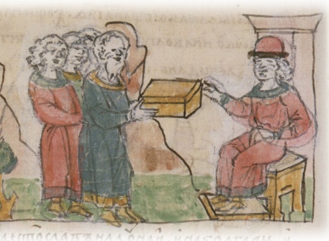 Приношение вятичами дани Святославу Игоревичу.