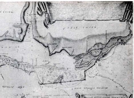 Кинбурнская коса и берег Днепровско-Бугского лимана с границей округа, отошедшего к России в силу статьи 18 Кючук-Кайнарджийского договора. Рукописная карта XVIII века (Государственный Исторический музей)
