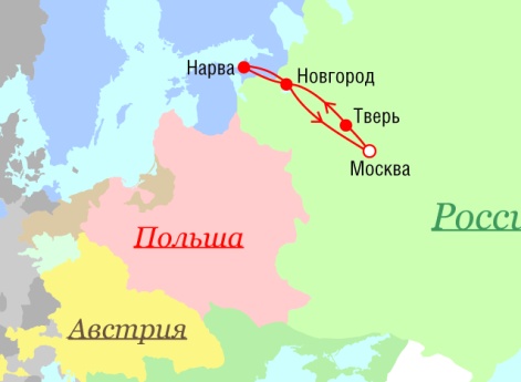 Маршрут поездок Петра I - 1700 г.