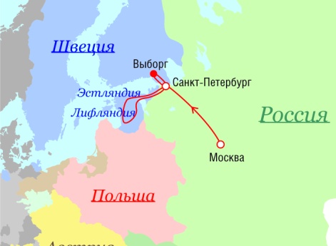 Маршрут поездок Петра I - 1710 г.