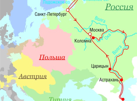 Маршрут поездок Петра I - 1722 г.