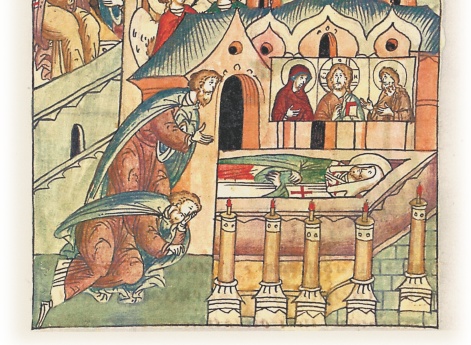 Пономарь рассказывает Ростовскому епископу Ивану о видении ему святого Леонтия.