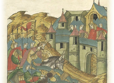 Батый ставит множество пороков (метательных и стенобитных орудий) около Лядских ворот у Киева.