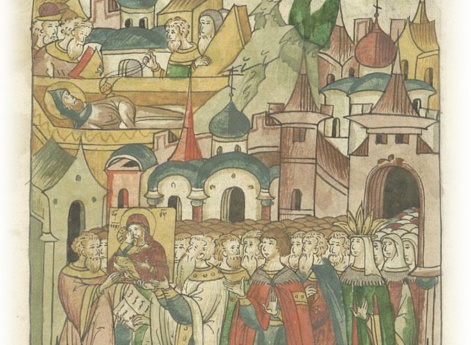 Князь Андрей Боголюбский тайно выкрадывает чудотворную икону пречистой Богородицы из Девичьего монастыря в Вышгороде.