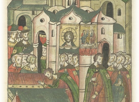 О великом князе Михаиле Александровиче Тверском. Великий князь молится в церкви святого Спаса и кладет поклоны у гробов великих князей.