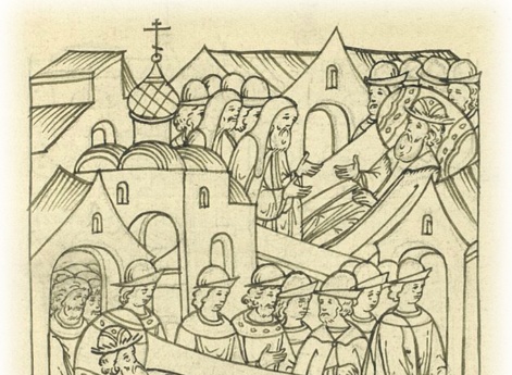 Великого князя Василия Ивановича переносят в келью, где игумен просит его вкусить пищи.