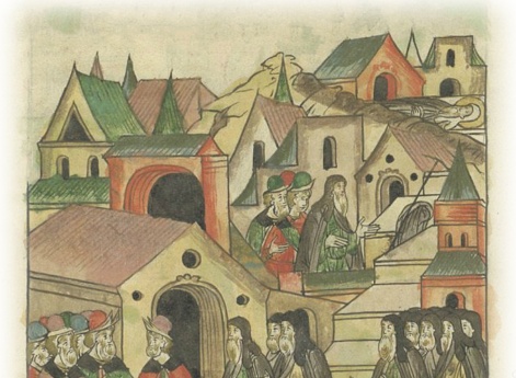 Новгородцы собирают вече и жребием выбирают священноинока Феофила архиепископом.